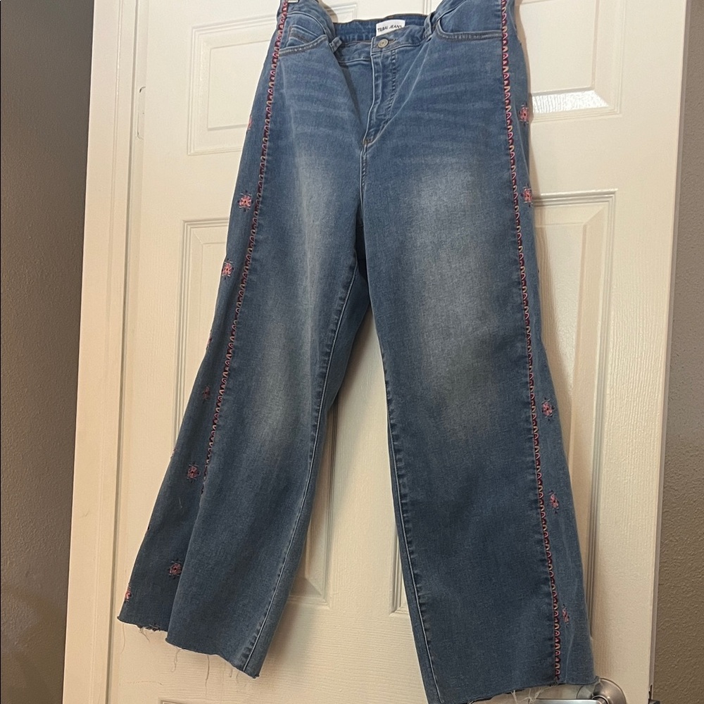Tribal Jeans wide leg denim with Pink embroidered Details